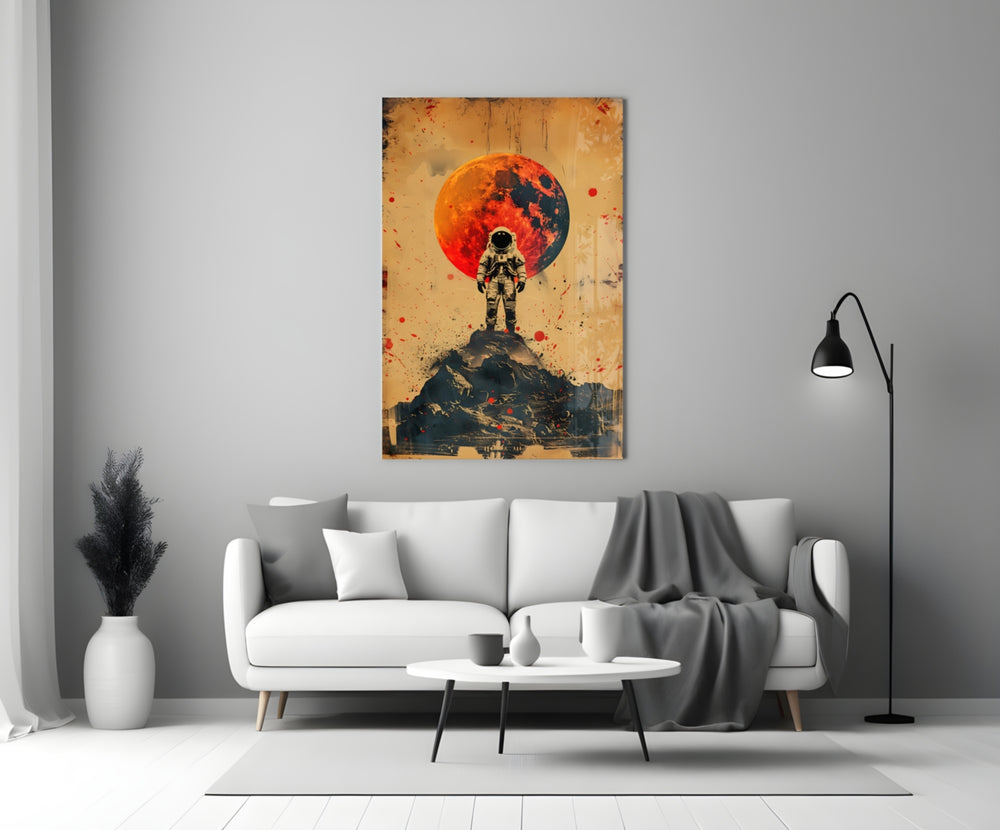 Astronaut glass wall art styled above a console in a media room