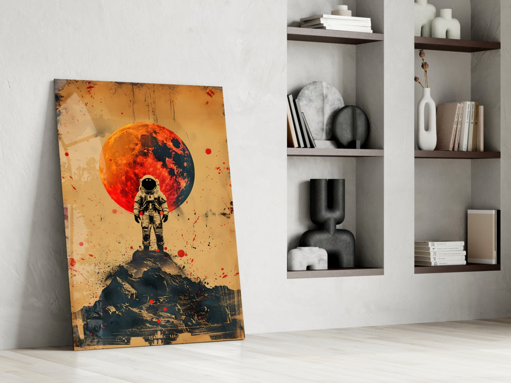Lone-explorer artwork anchoring a wall with scarlet-and-amber palette