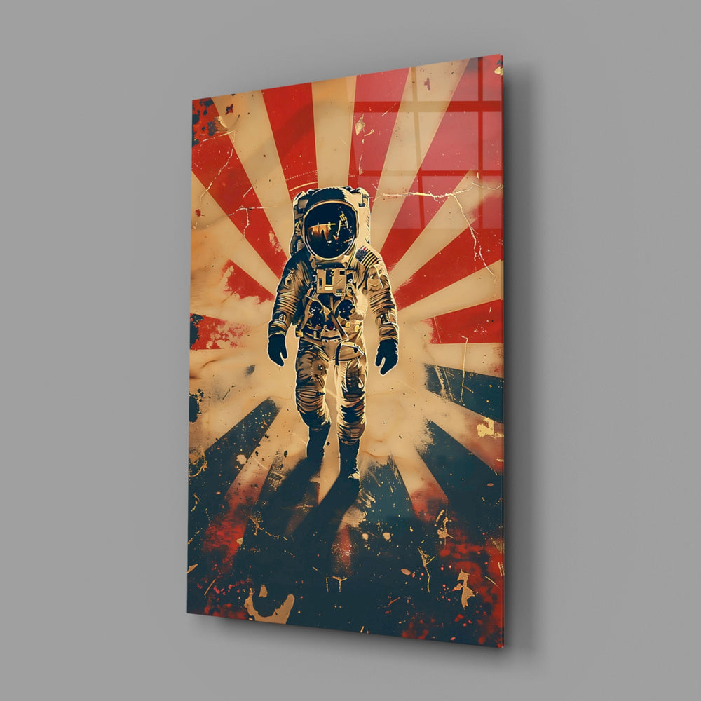 Astronaut close-up showing astronaut on scarlet sunburst