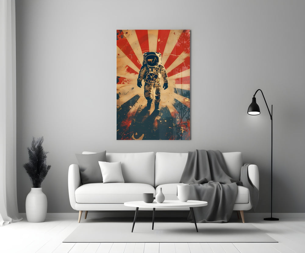 Astronaut glass wall art styled above a console in a media room