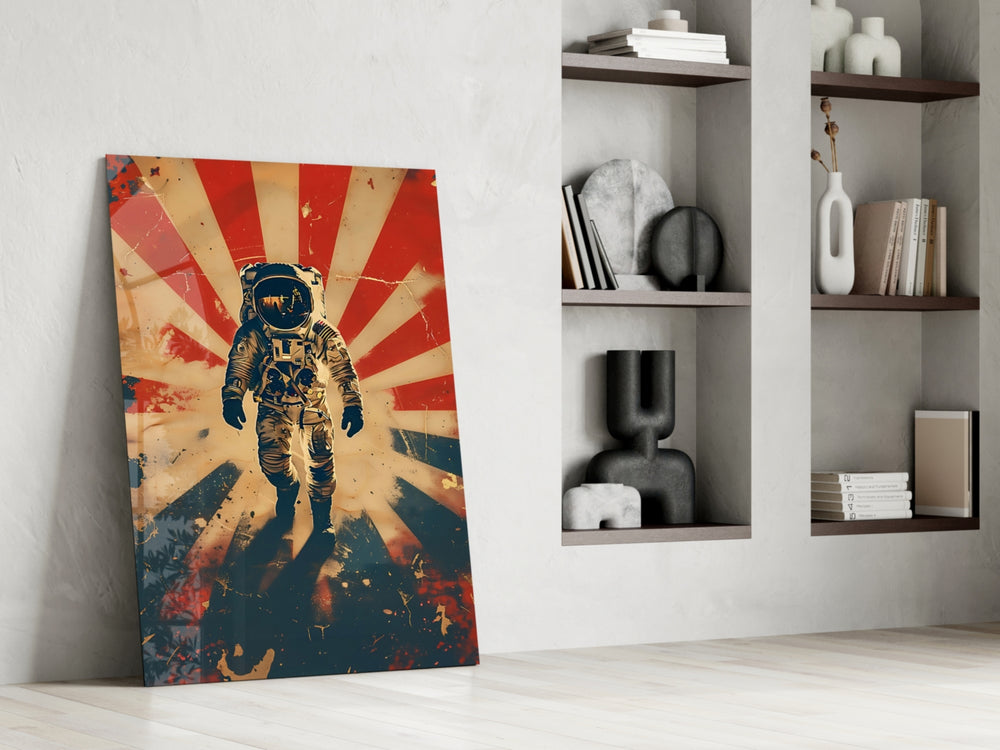 Lone-explorer artwork anchoring a wall with scarlet-and-cobalt palette