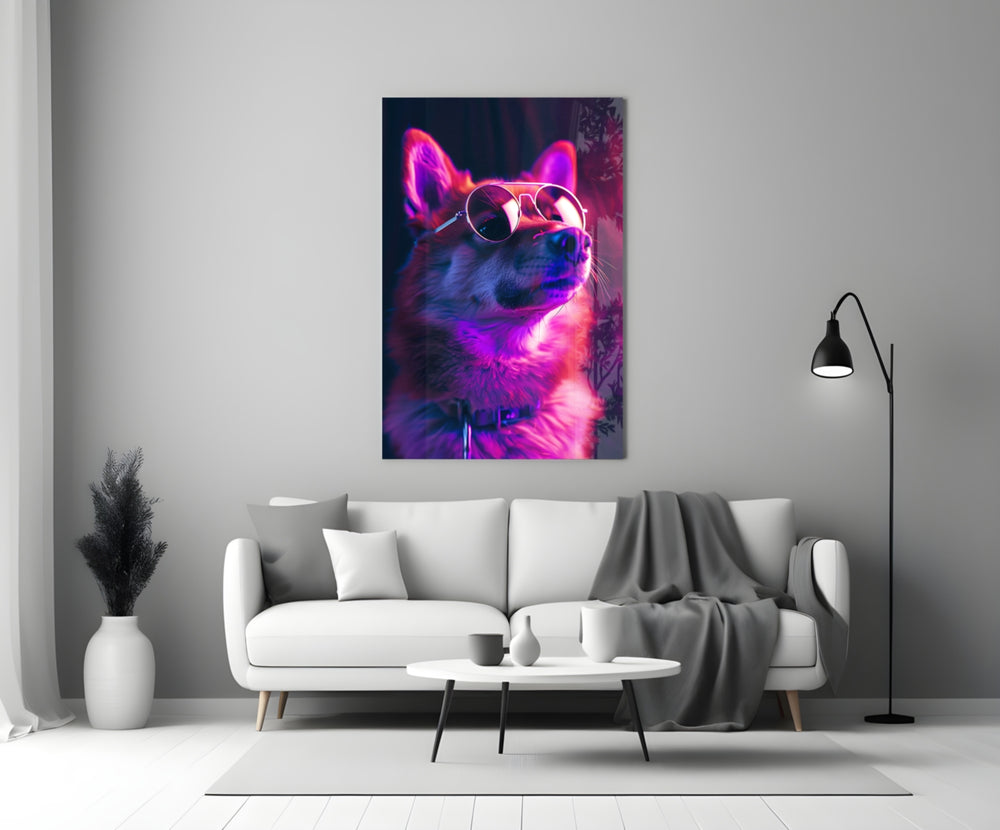 Dog with Glasses glass wall art styled above a sideboard in a media room