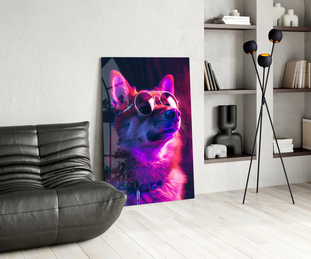 Dog with Glasses glass print enhancing a den with neon firepower