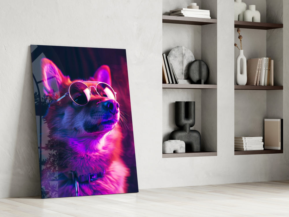 Neon-canine artwork anchoring a wall with magenta-and-violet palette