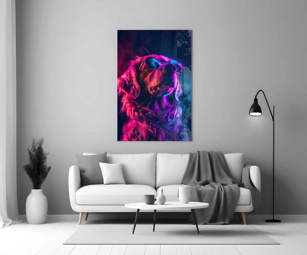 Dog with Glasses glass wall art styled above a sideboard in a media room