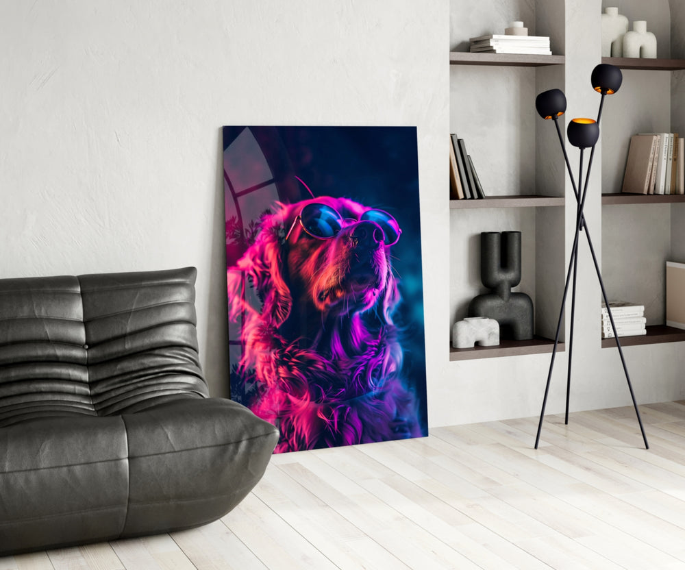 Dog with Glasses glass print enhancing a den with neon firepower
