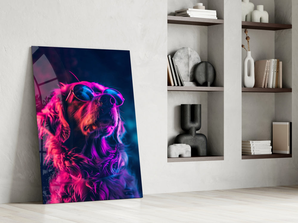 Neon-canine artwork anchoring a wall with magenta-and-cyan palette