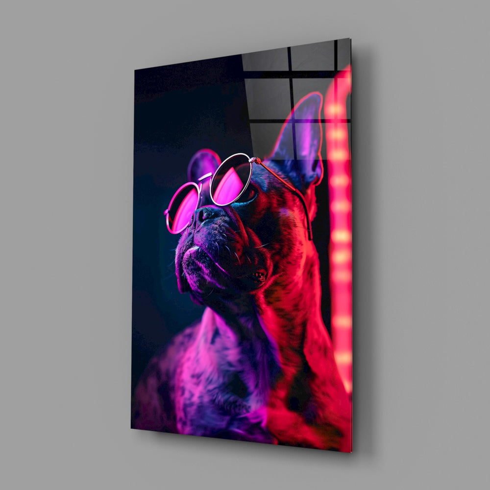 Dog with Glasses close-up showing Frenchie in pink sunglasses