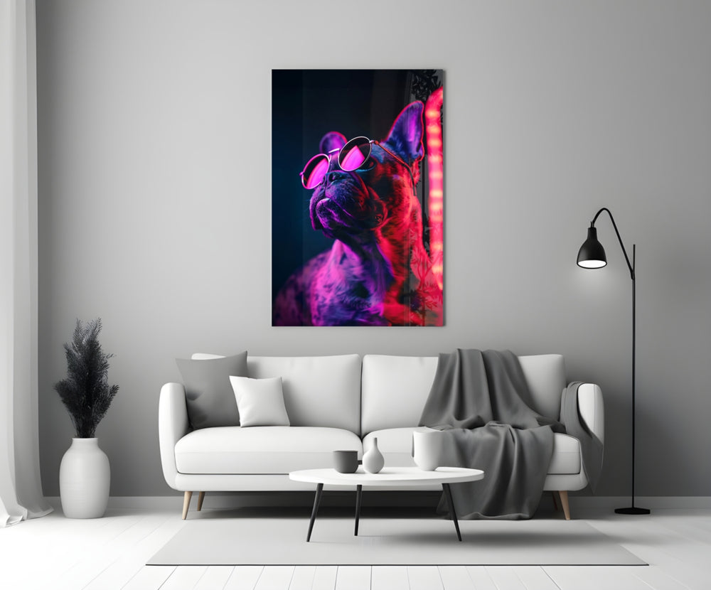 Dog with Glasses glass wall art styled above a sideboard in a media room