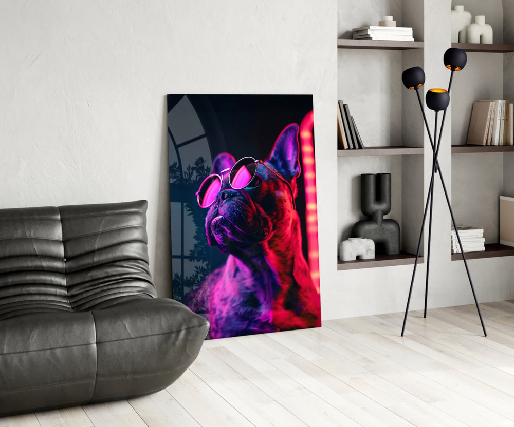 Dog with Glasses glass print enhancing a den with neon firepower