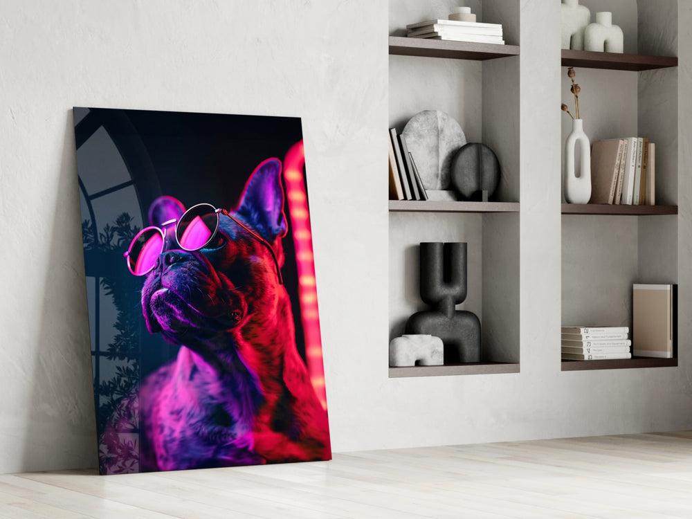 Neon-canine artwork anchoring a wall with scarlet-and-magenta palette