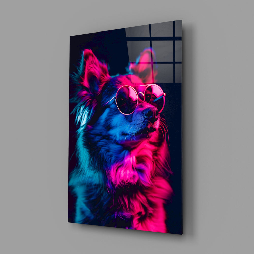 Dog with Glasses close-up showing Pomeranian in magenta sunglasses