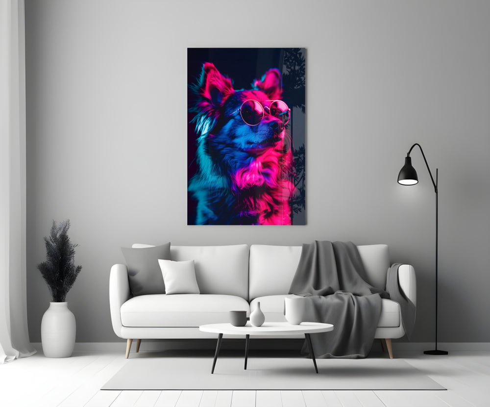 Dog with Glasses glass wall art styled above a sideboard in a media room