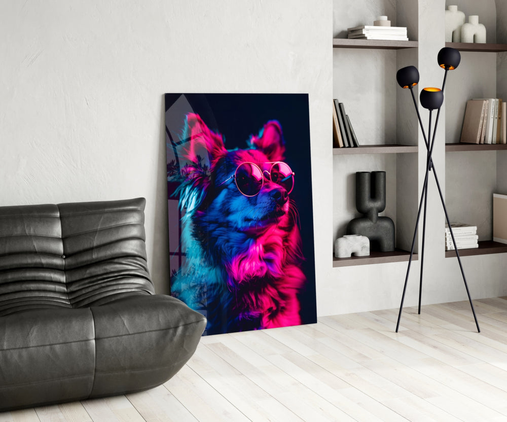 Dog with Glasses glass print enhancing a den with neon firepower