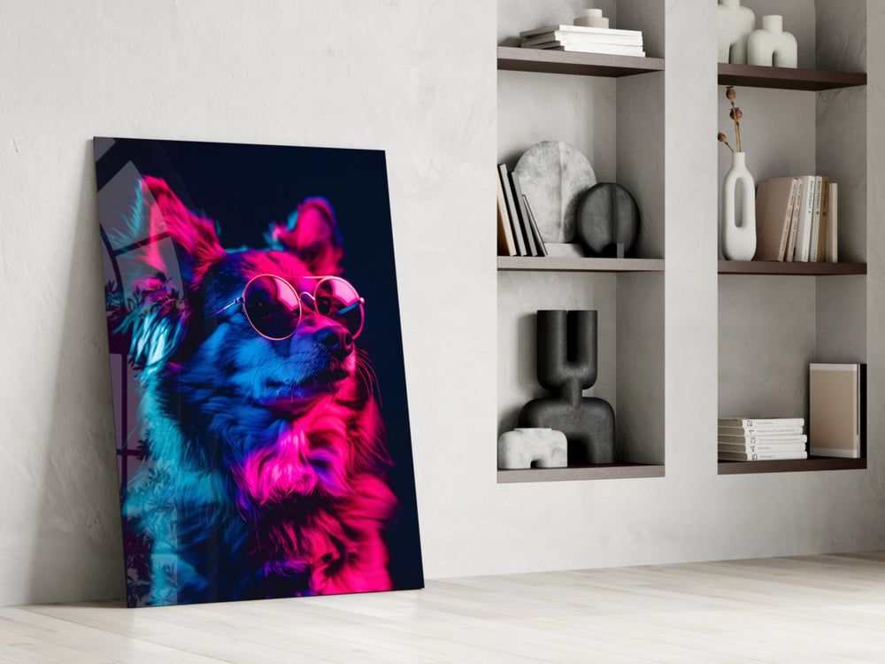 Neon-canine artwork anchoring a wall with magenta-and-cyan palette