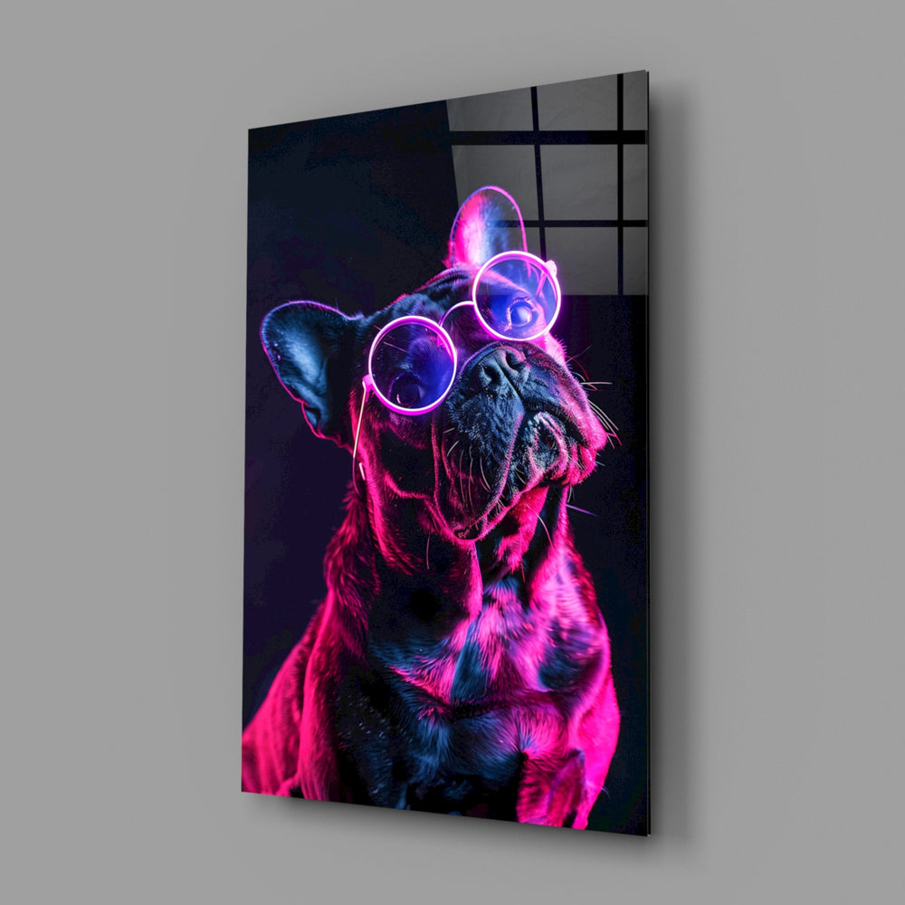 Dog with Glasses close-up showing Frenchie in wireframe sunglasses