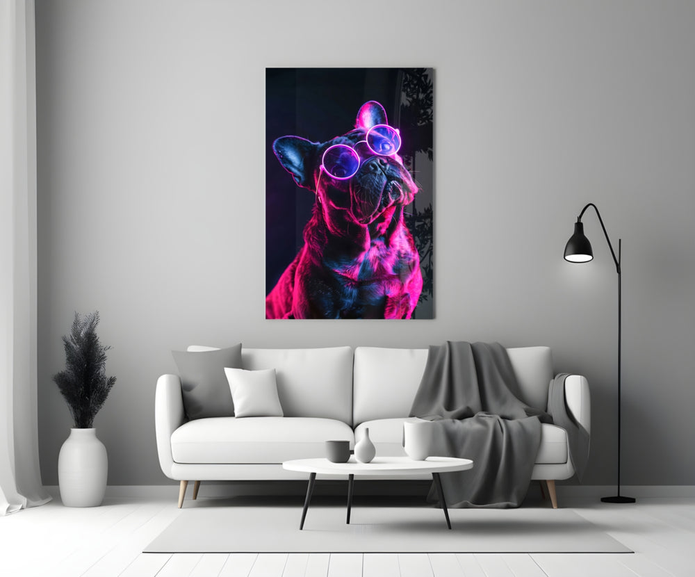 Dog with Glasses glass wall art styled above a console in a media room