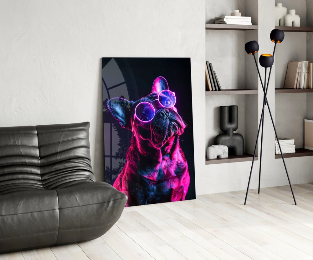 Dog with Glasses glass print enhancing a den with neon firepower