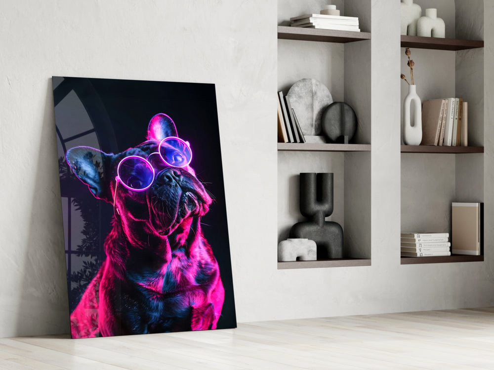 Neon-canine artwork anchoring a wall with magenta-and-cyan palette