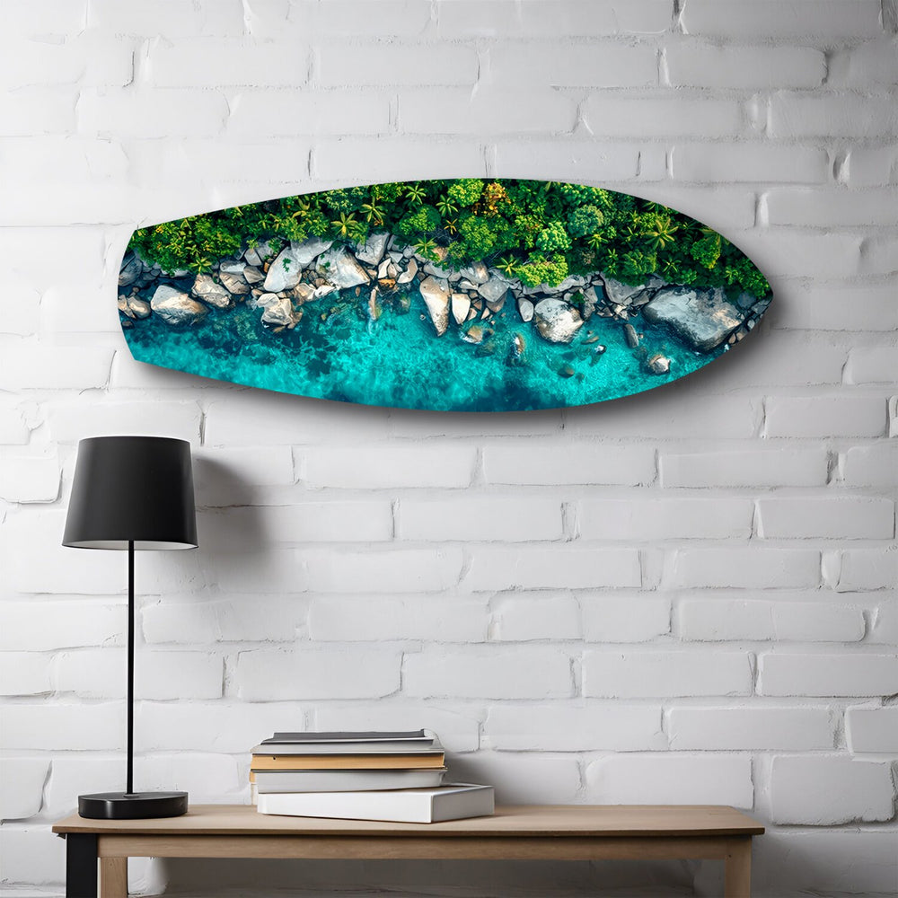 Tropical Lagoon Aerial Beach Glass Wall Art.