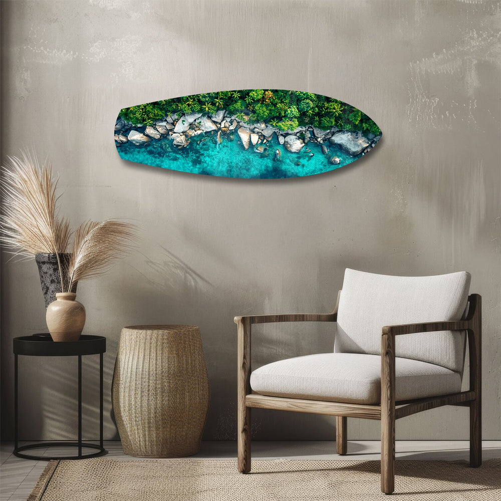 Tropical Lagoon Aerial Beach Glass Wall Art.
