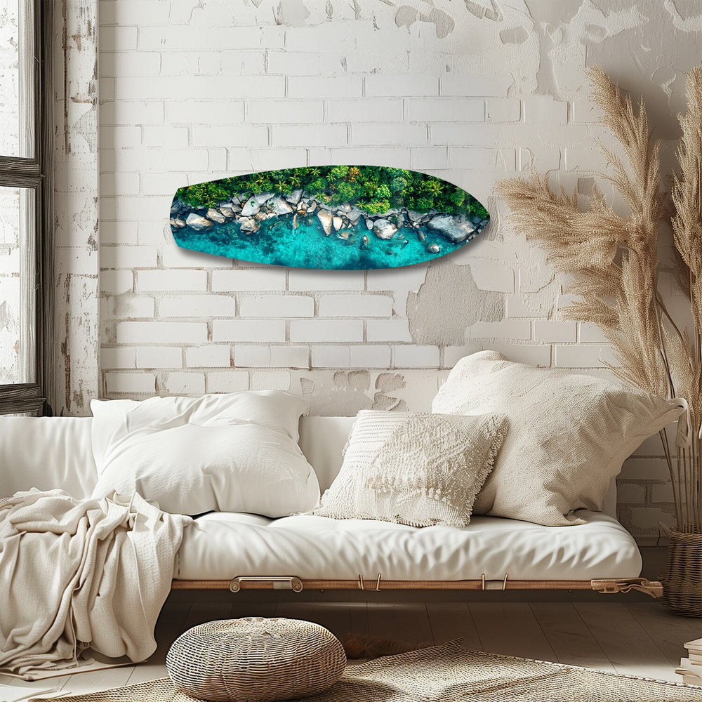 Tropical Lagoon Aerial Beach Glass Wall Art.