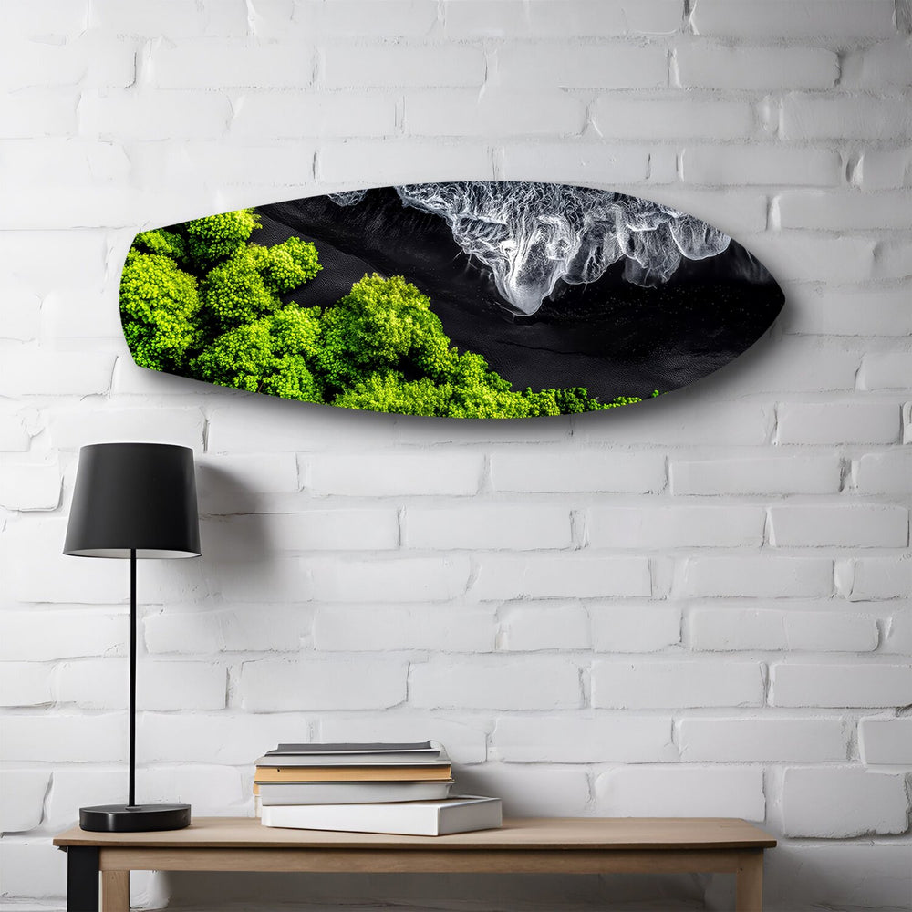 Black Sand Beach Aerial Forest Glass Wall Art.