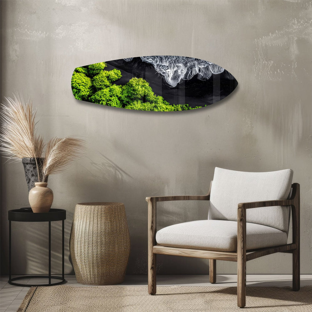 Black Sand Beach Aerial Forest Glass Wall Art.