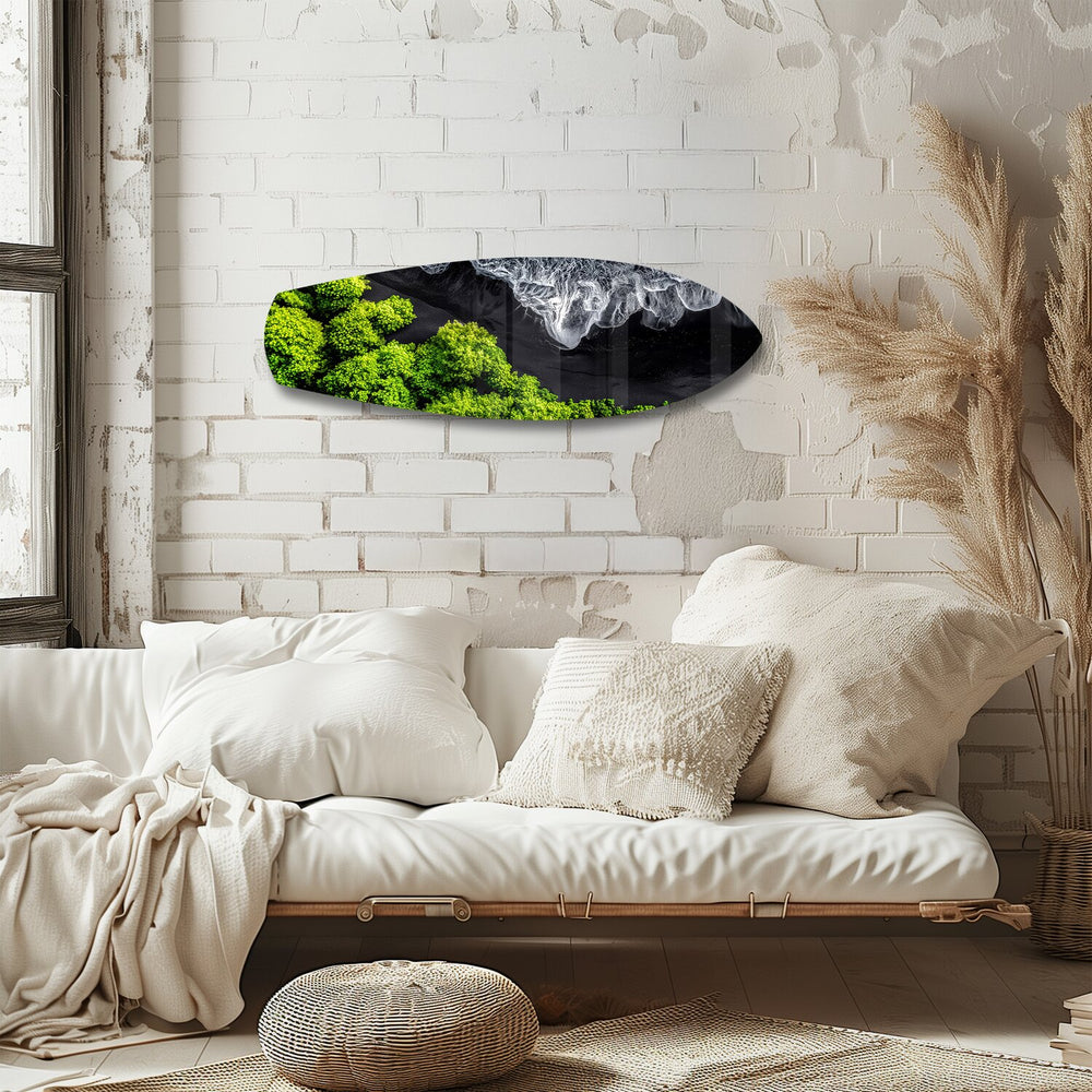 Black Sand Beach Aerial Forest Glass Wall Art.