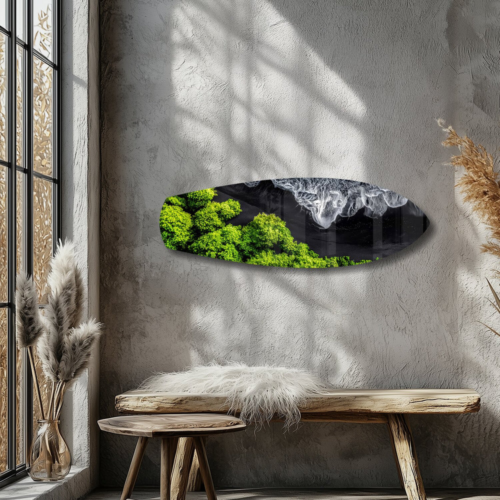 Black Sand Beach Aerial Forest Glass Wall Art.