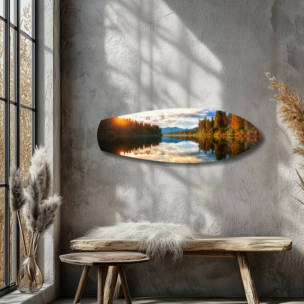 Lakeside Sunset Mirror Landscape Glass Wall Art.