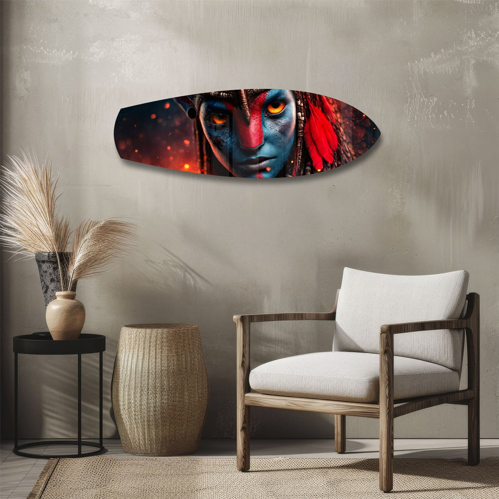 Blue Tribal Warrior Sci-Fi Glass Wall Art.