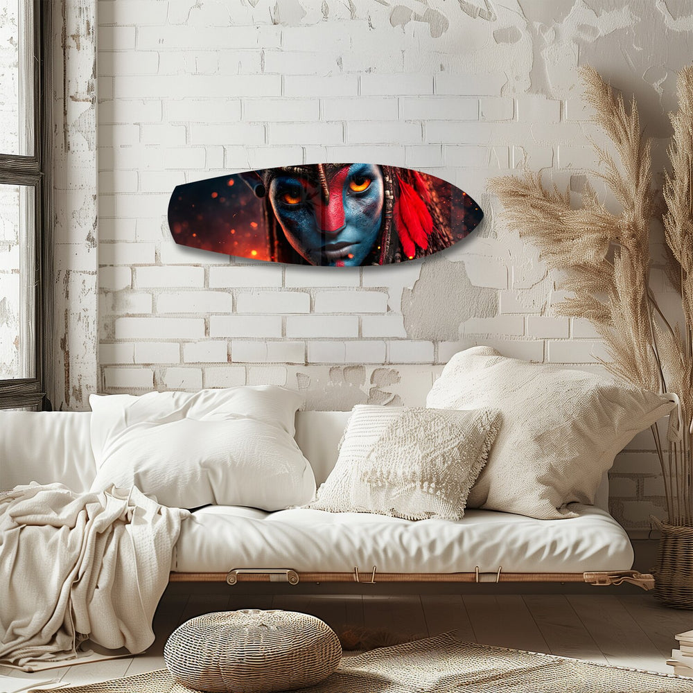 Blue Tribal Warrior Sci-Fi Glass Wall Art.