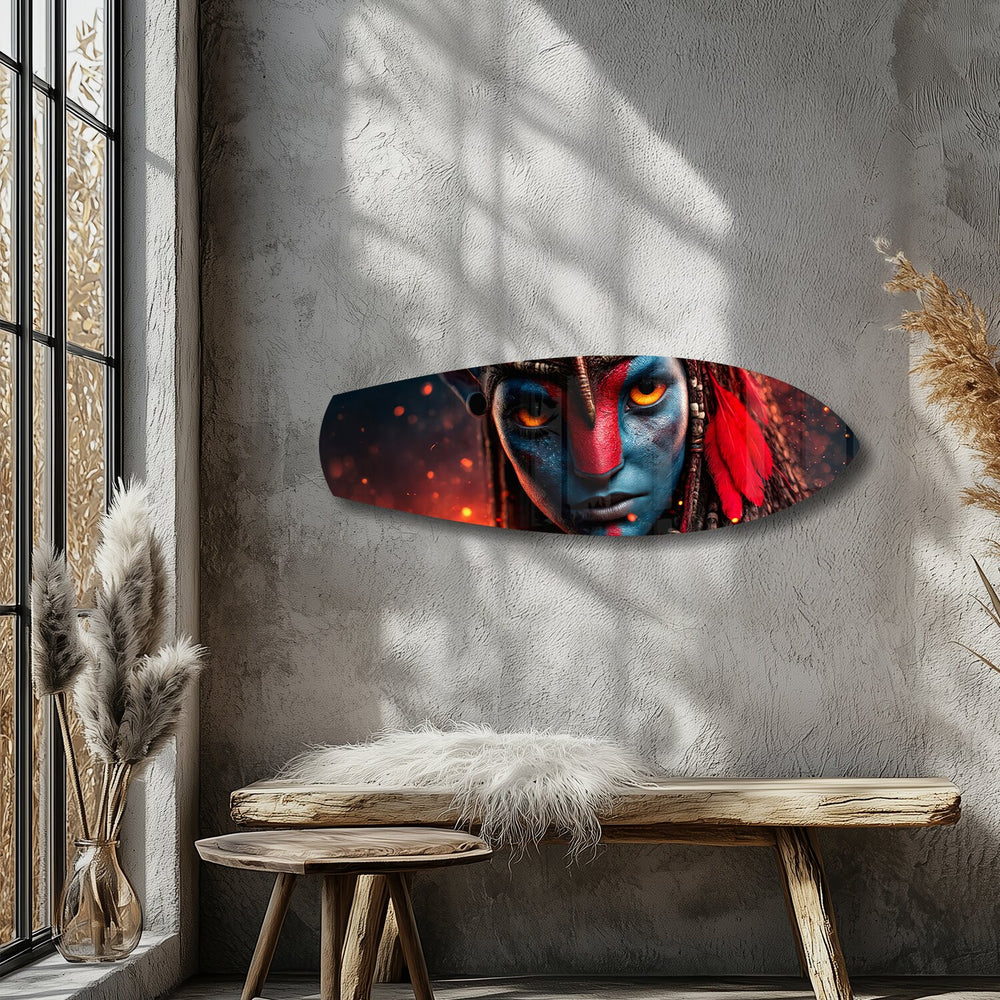 Blue Tribal Warrior Sci-Fi Glass Wall Art.
