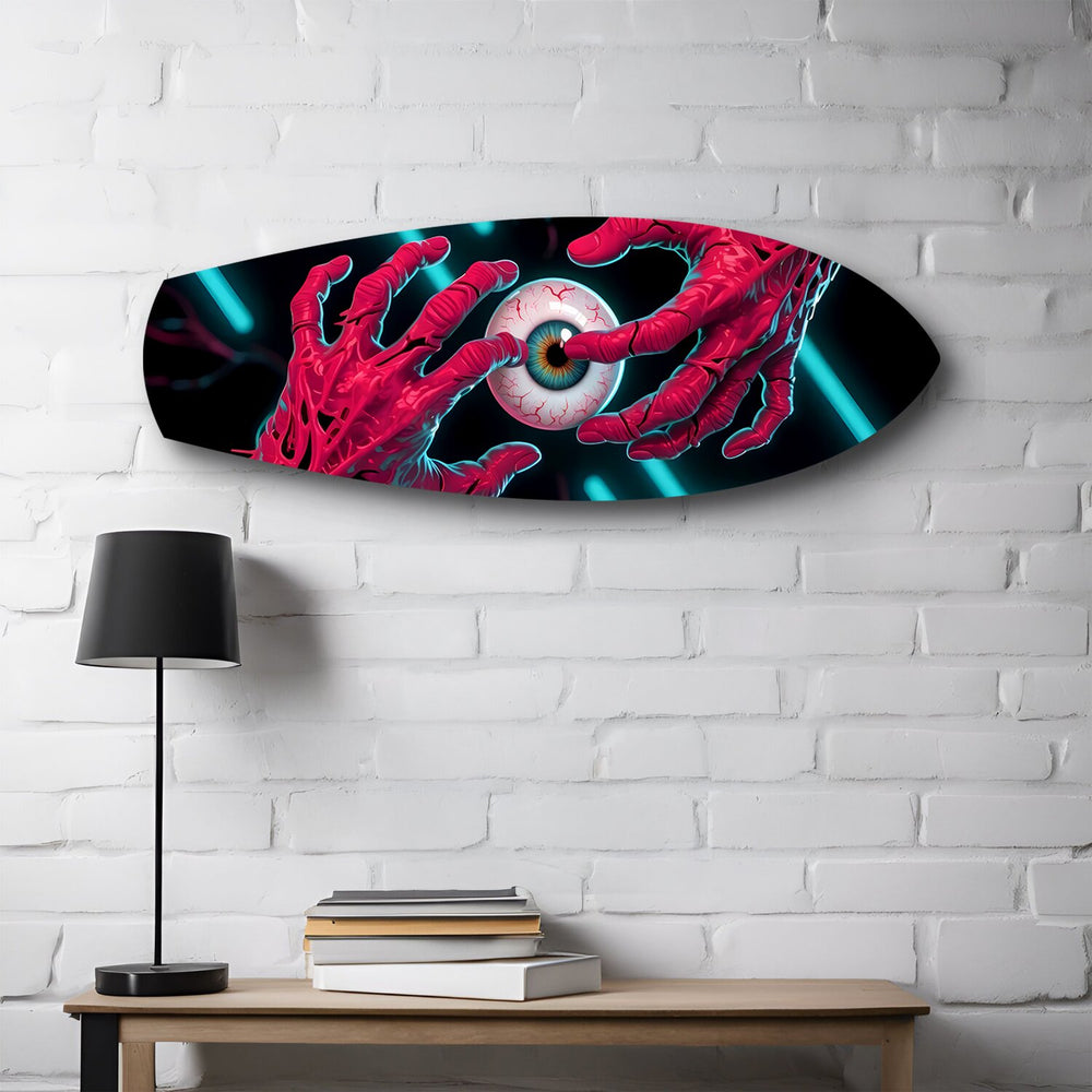 Surreal Eye and Hands Neon Glass Wall Art.