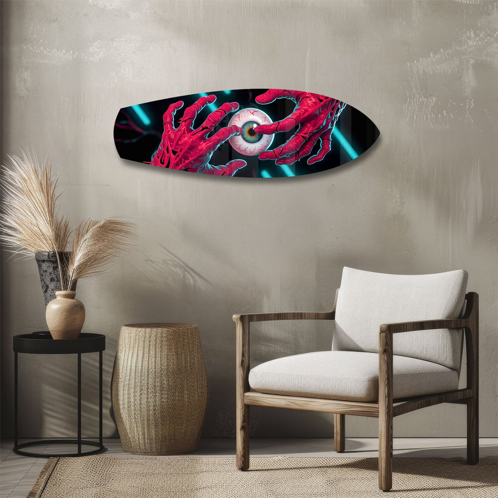Surreal Eye and Hands Neon Glass Wall Art.