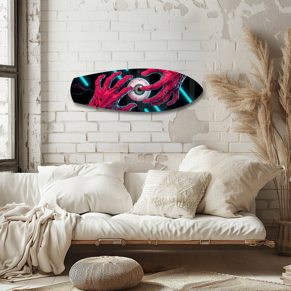 Surreal Eye and Hands Neon Glass Wall Art.