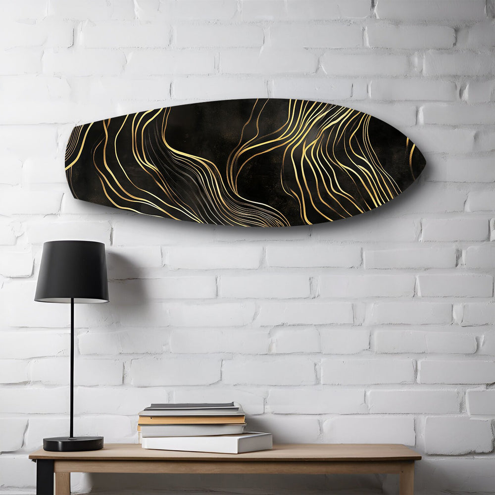 Black and Gold Abstract Waves Glass Wall Art.