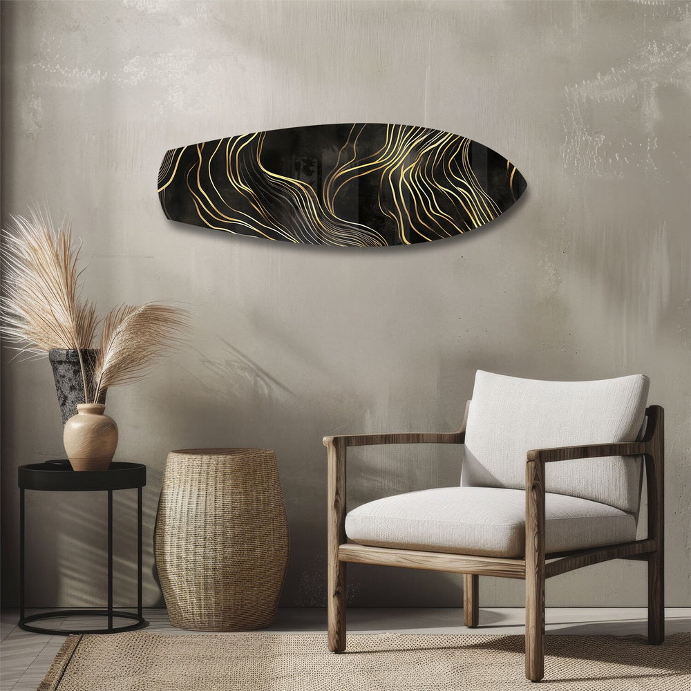 Black and Gold Abstract Waves Glass Wall Art.