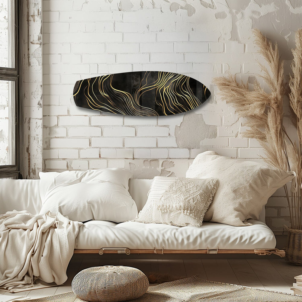Black and Gold Abstract Waves Glass Wall Art.