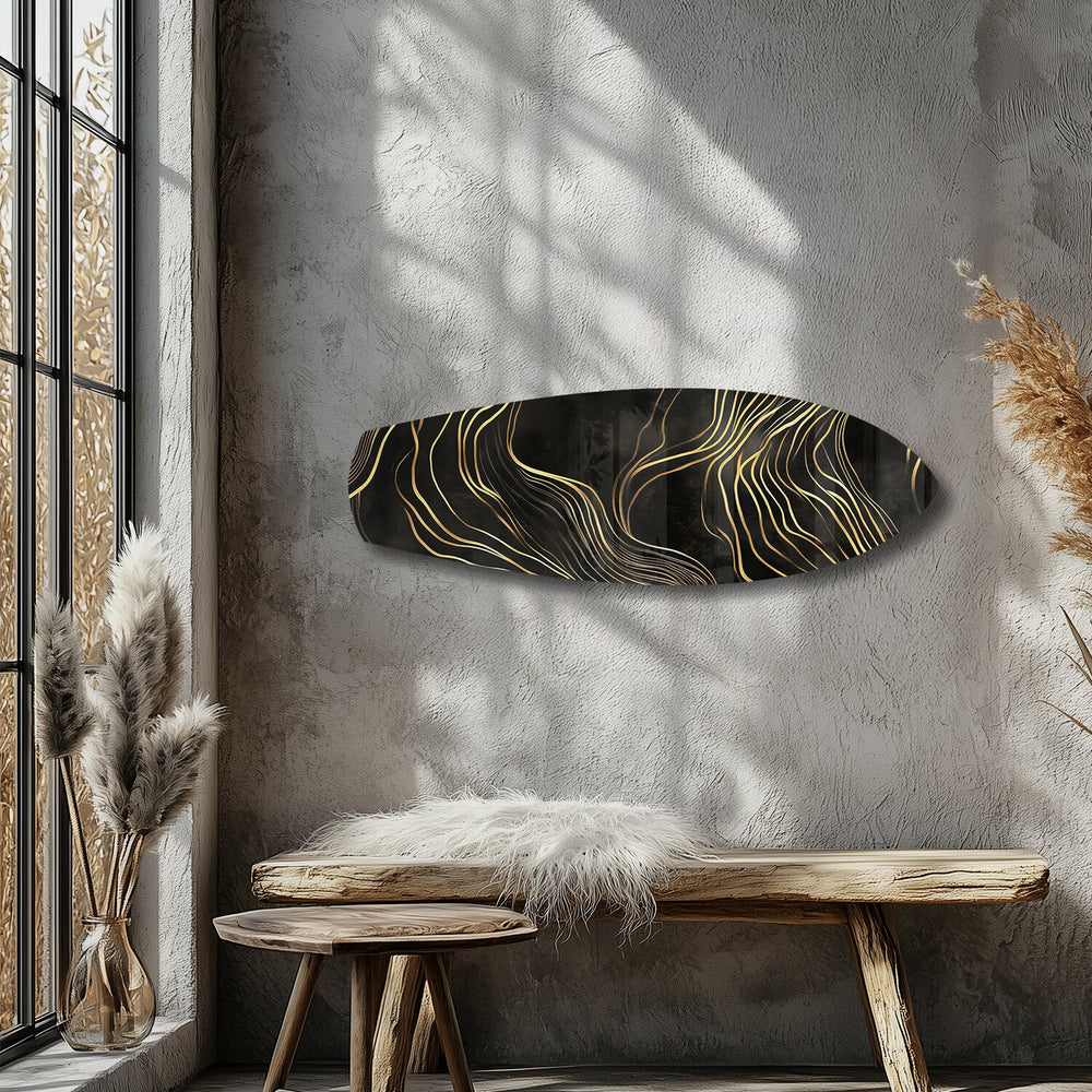 Black and Gold Abstract Waves Glass Wall Art.