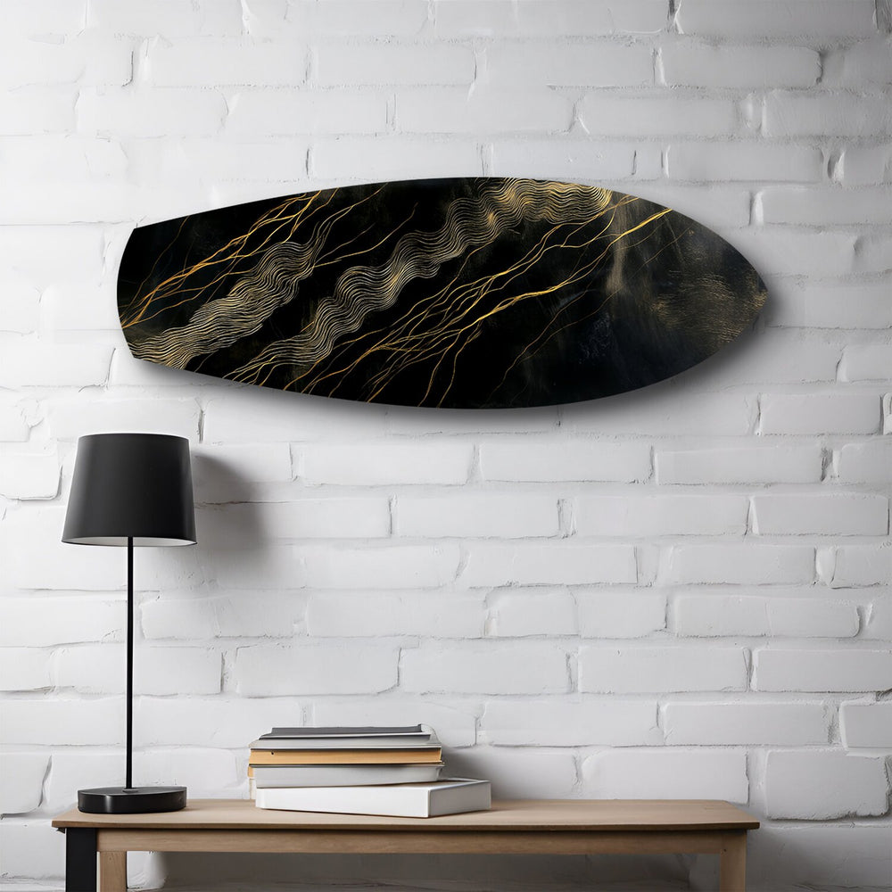 Black and Gold Topographic Lines Glass Wall Art.