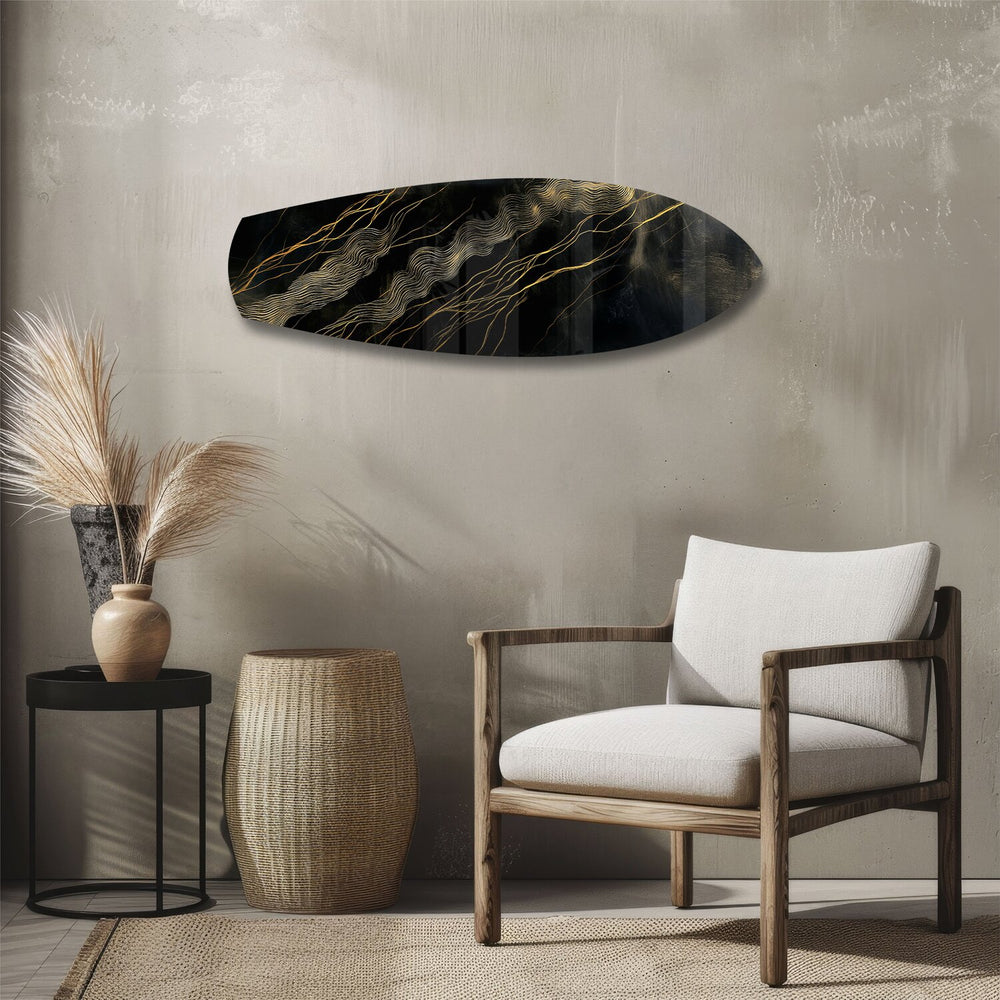 Black and Gold Topographic Lines Glass Wall Art.