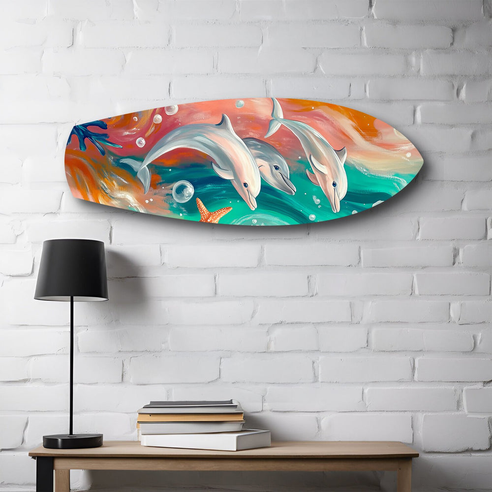 Playful Dolphins Painted Ocean Glass Wall Art.