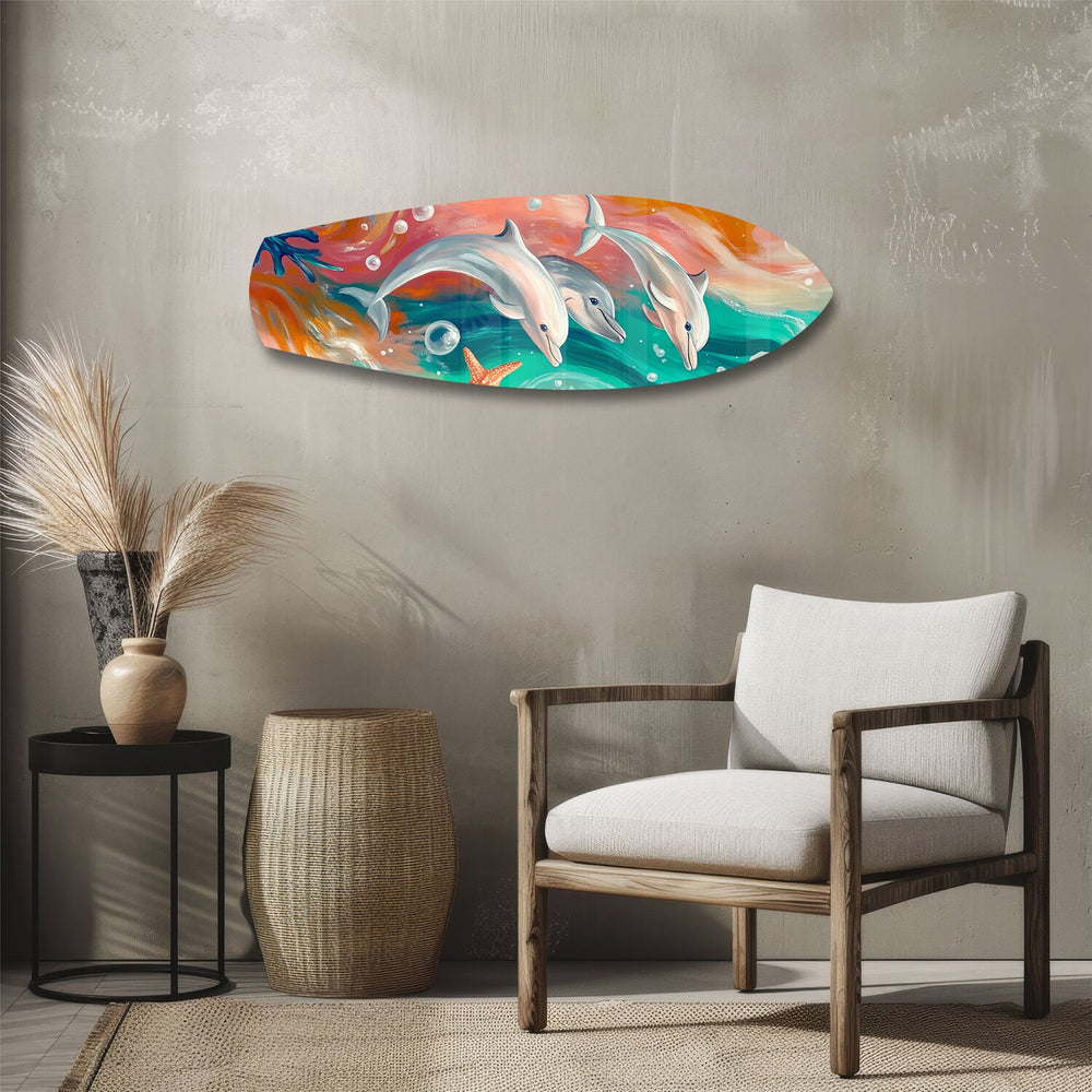 Playful Dolphins Painted Ocean Glass Wall Art.