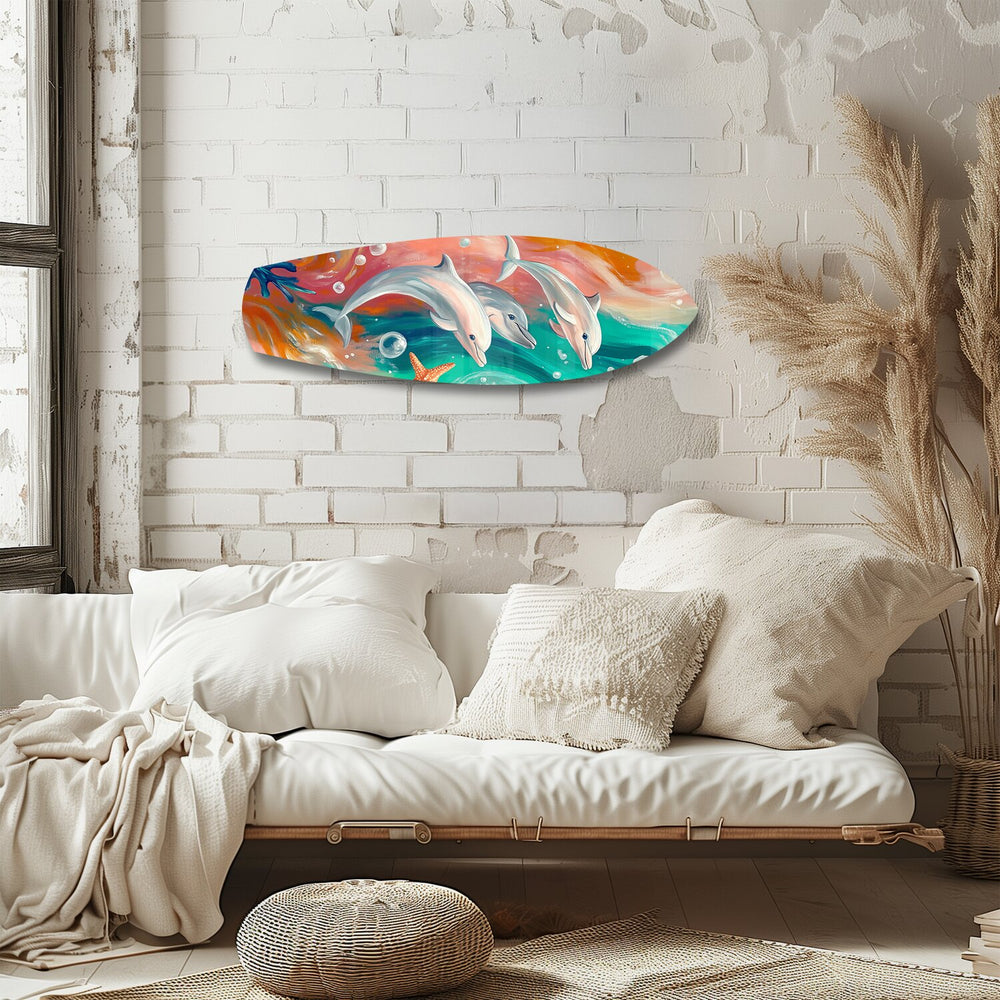 Playful Dolphins Painted Ocean Glass Wall Art.
