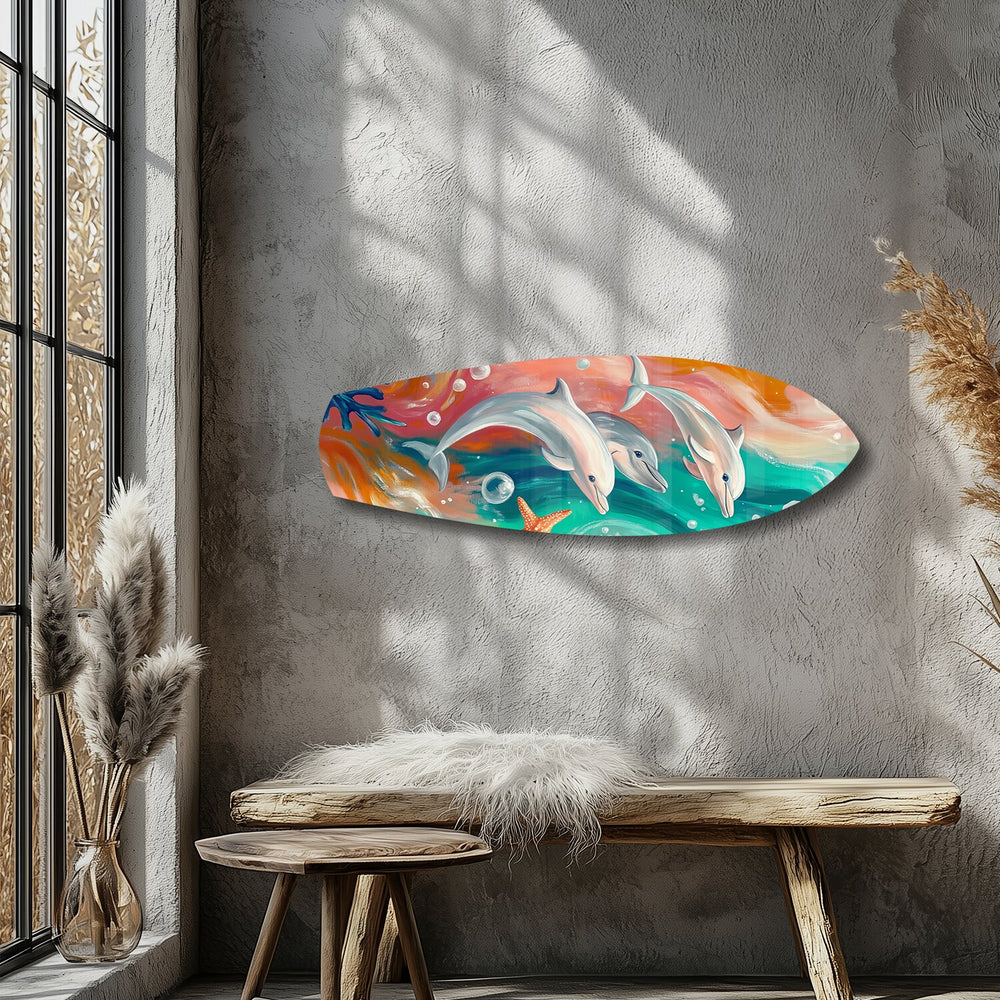 Playful Dolphins Painted Ocean Glass Wall Art.