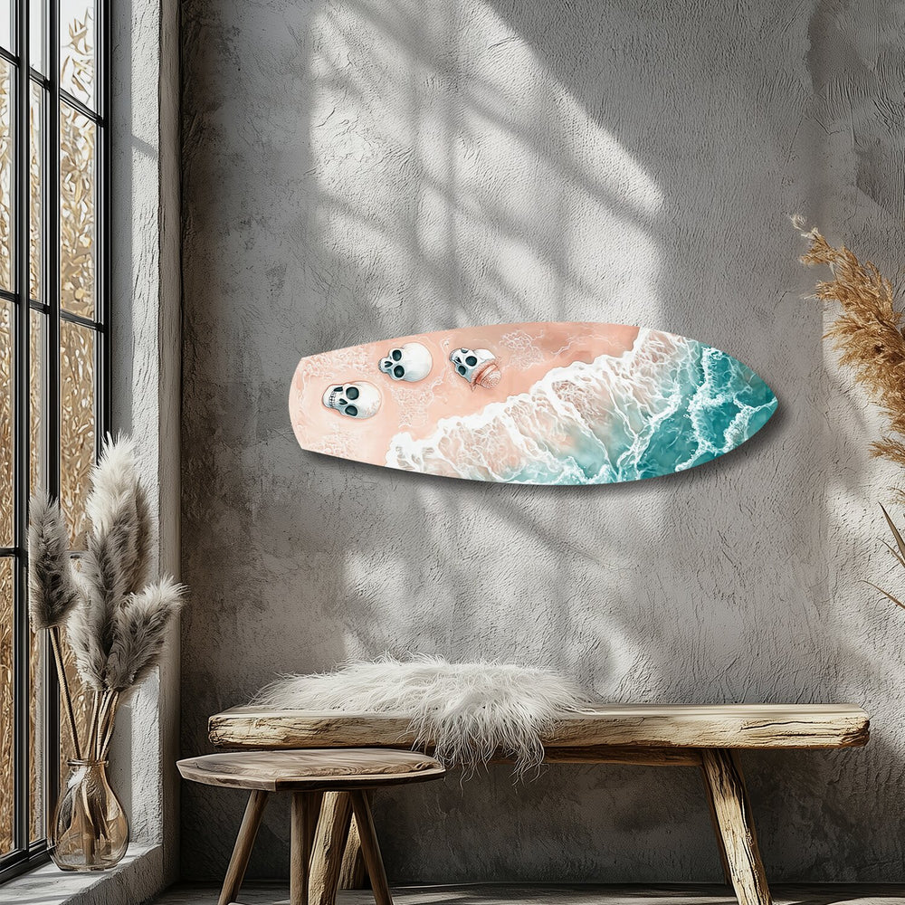 Skulls on Pink Sand Beach Glass Wall Art.