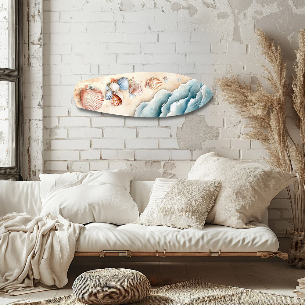 Seashells on Sandy Shore Glass Wall Art.