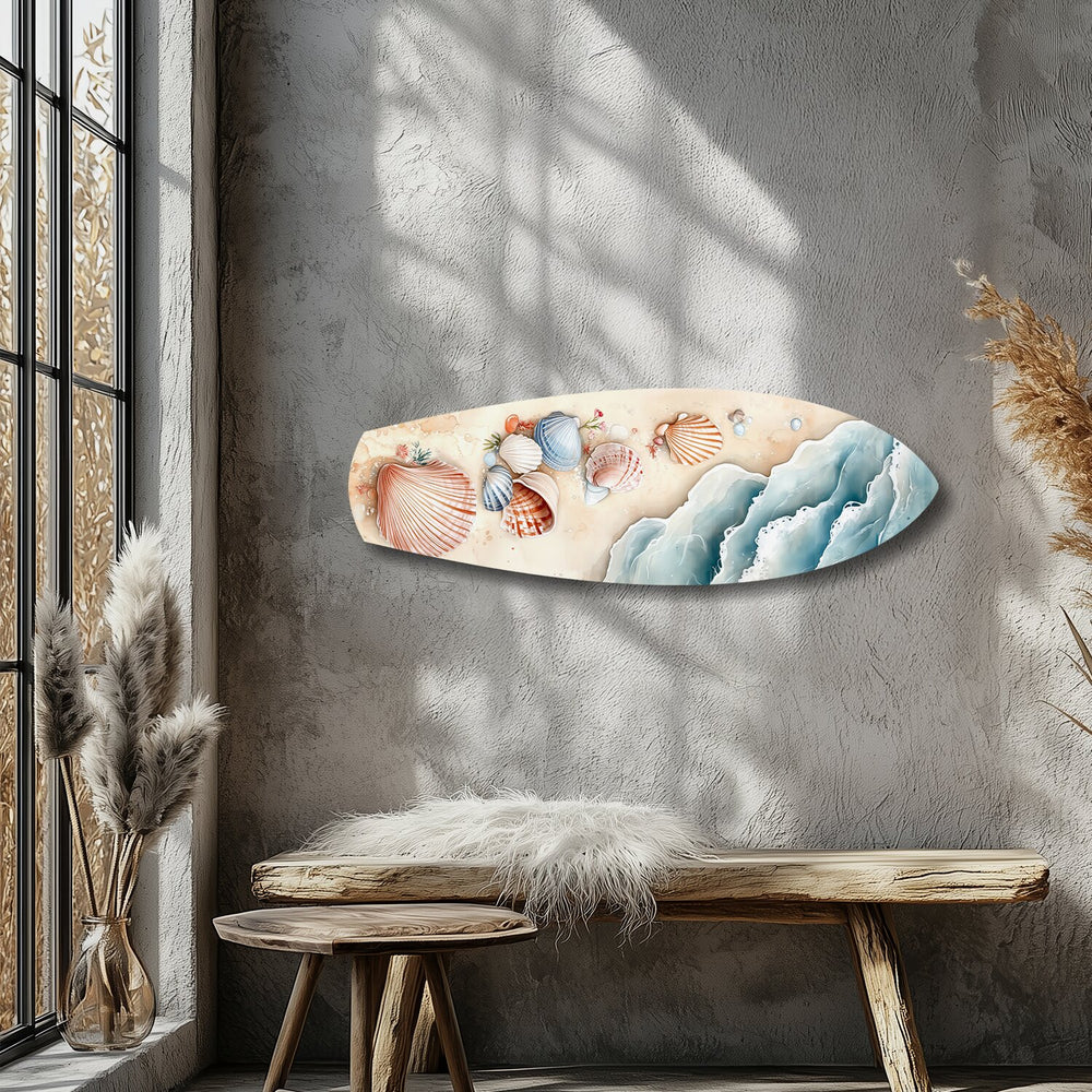 Seashells on Sandy Shore Glass Wall Art.